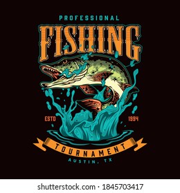 Vintage colorful fishing label with pike jumping out of water on dark background isolated vector illustration