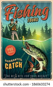 Vintage Colorful Fishing Poster With Fisherman Caught Pike On Bait Vector Illustration