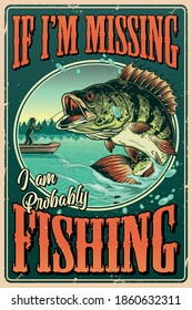 Vintage Colorful Fishing Poster With Inscriptions Big Bass Fish And Fisherman On Boat Vector Illustration