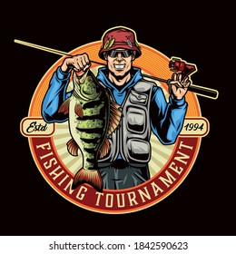 Vintage colorful fishing round emblem with happy fisherman holding big bass and fishing rod isolated vector illustration