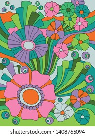 Vintage Colorful Floral Background Psychedelic Hippie Style from the 1960s