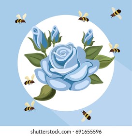 Vintage colorful Floral crown Vector summer blue roses bloom. Hand drawn illustrations