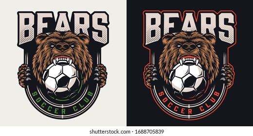 Vintage colorful football club badge with aggressive bear mascot holding soccer ball by mouth isolated vector illustration