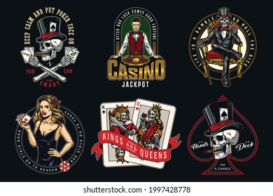 Vintage colorful gambling labels with croupier skull smoking cigar skeleton gambler in tuxedo and top hat beautiful poker lady skeleton king and queen playing cards isolated vector illustration