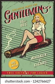 Vintage colorful gentlemen party template with beautiful blonde lady sitting on cuban cigar vector illustration