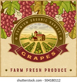 Vintage colorful grapes harvest label. Editable vector illustration in retro woodcut style with clipping mask.
