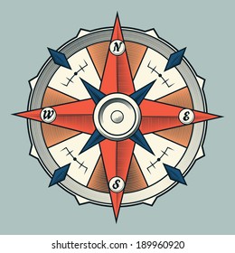 Vintage colorful graphic compass isolated on light background. Vector Illustration.