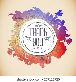 Vintage Colorful Greeting Card with Blooming Flowers. Thank You Vector Illustration