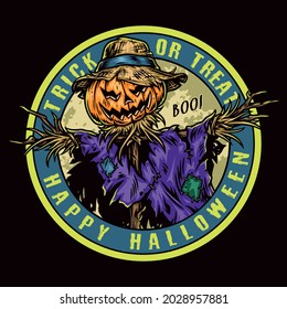 Vintage colorful Halloween round emblem with scarecrow with pumpkin head and straw hat isolated vector illustration