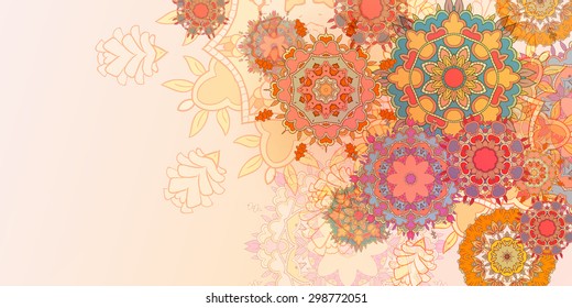 Vintage colorful hand drawn Card  Template with Round Mandala Label with place for your text