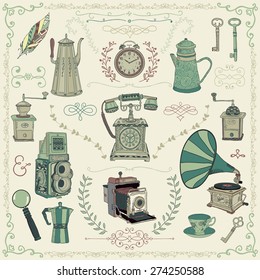 Vintage Colorful Hand Drawn Doodle Icons, Objects and Design Elements. Vector Illustration. Cameras, Kettles, Coffee Mills