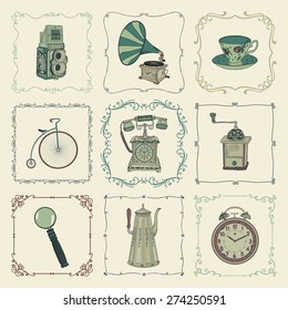 Vintage Colorful Hand Drawn Doodle Icons, Objects and Vectors. Design Elements. Vector Illustration. Cameras, Kettles, Coffee Mills