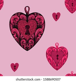 Vintage Colorful Heart pattern in Engraved Etching Style . Great for greeting card. Vector illustration seamless pattern for valentine's day.