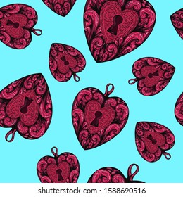 Vintage Colorful Heart pattern in Engraved Etching Style . Great for greeting card. Vector illustration seamless pattern for valentine's day.