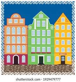 Vintage colorful houses, postcard, flat illustration, Poland