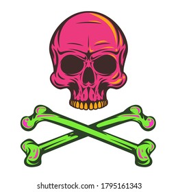 Vintage colorful human skull with crossbones isolated on clean background. Bright hand drawn design element template for emblem, print, cover, poster. Vivid vector illustration.