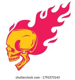 Vintage colorful human skull with fire flame isolated on white background. Bright hand drawn design element template for emblem, print, cover, poster. Vivid vector illustration.