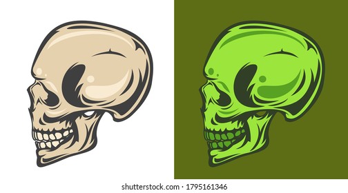 Vintage colorful human skull isolated on simple background. Bright hand drawn design element template for emblem, print, cover, poster. Vivid vector illustration.