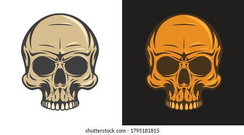 Vintage colorful human skull isolated on simple background. Bright hand drawn design element template for emblem, print, cover, poster. Vivid vector illustration.