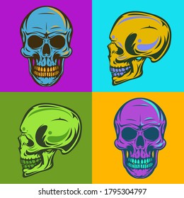 Vintage colorful human skull isolated on simple background. Bright hand drawn design element template for emblem, print, cover, poster. Vivid vector illustration.
