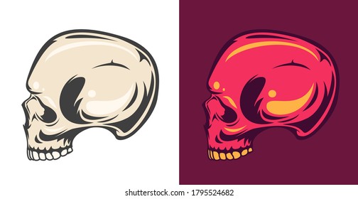 Vintage colorful human skull isolated on simple background. Bright hand drawn design element template for emblem, print, cover, poster. Vivid vector illustration.