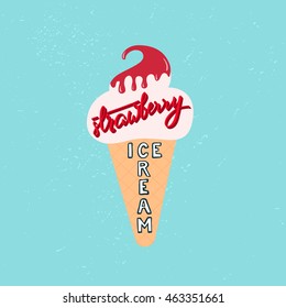 Vintage colorful ice cream with  strawberry flavors on the blue background. Best for cafe, bar, chalk board, print design, web, menu, advertising