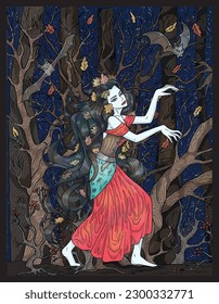 Vintage colorful illustration with beautiful vampire princess in gloomy autumn forest with creepy branches, romantic scary Halloween background, hand drawn art with esoteric fantasy concept