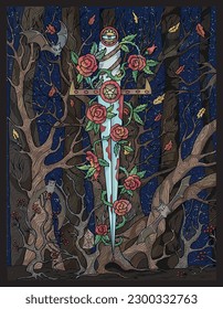 Vintage colorful illustration with decorated romantic medieval sword against background of gloomy autumn forest with creepy branches,  scary Halloween and fantasy concept