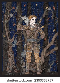 Vintage colorful illustration with handsome vampire hunter or warrior in gloomy autumn forest with creepy branches, romantic scary Halloween background, hand drawn art with esoteric fantasy concept