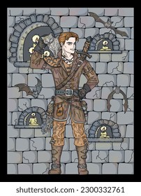 Vintage colorful illustration with handsome vampire hunter against background of old medieval stone wall, romantic scary Halloween background, hand drawn art with esoteric fantasy concept