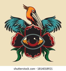 Vintage Colorful Illustration Pelicans and Eyes with Roses around Design Vector