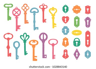 Vintage colorful keys and keyholes collection. Vector illustration.