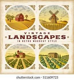 Vintage colorful landscapes set. Editable EPS10 vector illustration in retro woodcut style with clipping mask and transparency.