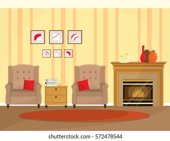 Vintage colorful living room interior with a fireplace. Flat style vintage armchairs. Vector illustration.