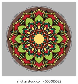 Vintage colorful Mandala with floral ornament. Boho style background design. Easy to change color or remove. Vector illustration