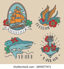 Vintage colorful marine labels with shark flying swallow anchor ship flowers diamonds isolated vector illustration