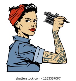 Vintage colorful mechanic girl with tattoo on arm holding wrench isolated vector illustration
