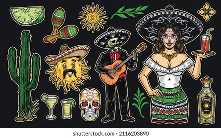 Vintage colorful mexican stickers collection with waitress in sombrero carrying tray with cocktail, skeleton playing guitar, sun with mustache, sugar skull, maracas, lime and cactus, vector