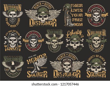 Vintage Colorful Military Emblems Set With Skulls In Pilot Tankman Soldier Navy Seal Helmets Eagle Wings Boots Weapon Bones Isolated Vector Illustration