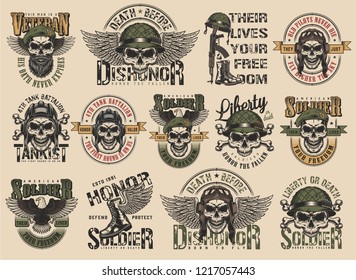 Vintage Colorful Military Labels Set With Pilot Soldier Tankman Navy Seal Skulls Inscriptions Eagle Boots Weapon Isolated Vector Illustration