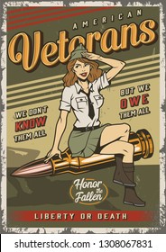 Vintage colorful military template with pin up attractive soldier girl sitting on bullet vector illustration