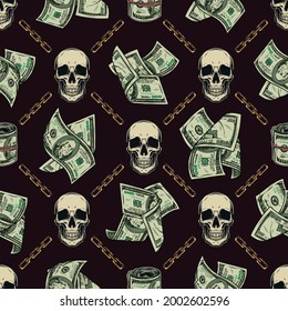 Vintage colorful money seamless pattern with skulls gold chains falling dollar bills and rolls of american currency banknotes vector illustration