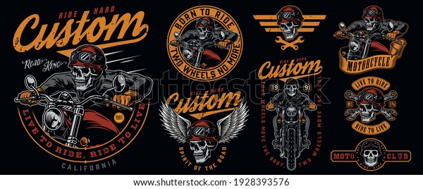Vintage\
colorful motorcycle emblems set with inscriptions wrenches skeleton\
biker riding motorbike skull in motorcyclist helmet and goggles\
with eagle wings isolated vector\
illustration