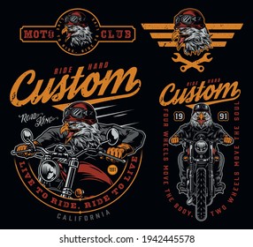 Vintage colorful motorcycle prints with inscriptions angry eagle bikers riding motorbikes and dangerous bird heads in moto helmets and goggles isolated vector illustration