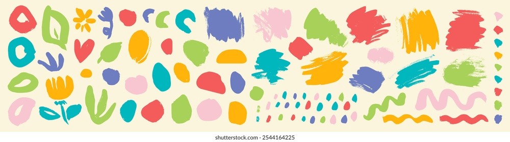 Antiguas pinceladas de pincel ingenuo colorido. Niños dibujados a mano, nubes, burbujas de discurso. Textura de tinta de Vector. Marcos de texto infantiles retro divertido, destacados, flores y hojas. Puntos funky audaces