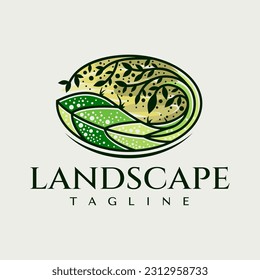 Vintage colorful nature landscape logo branding. Oval leaf and tree logo design.