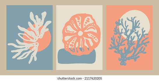 Vintage colorful ocean sea hand drawn coral illustration print for decorative canvas poster set - Vector