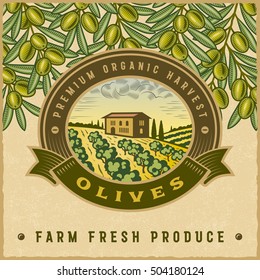 Vintage colorful olive harvest label. Editable vector illustration in retro woodcut style with clipping mask.