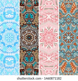 Vintage colorful ornamental vector ethnic banner set. Tribal geometric doodle ornamental templates. Arabesque mandala art. Indian boho style background vertical collection