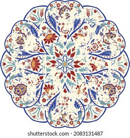 Patrón de color vintage con efecto de desgaste. Alfombra redonda de Shabby. Dibujo a mano libre. Ornamento floral redondo en un patrón oriental tradicional. Ilustración del vector